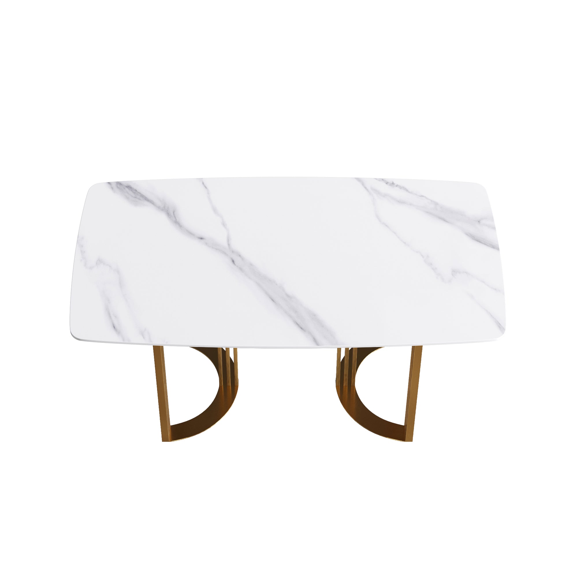 63"Modern Artificial Stone White Curved Golden Metal Leg Dining Table 6 People White Metal Sintered Stone