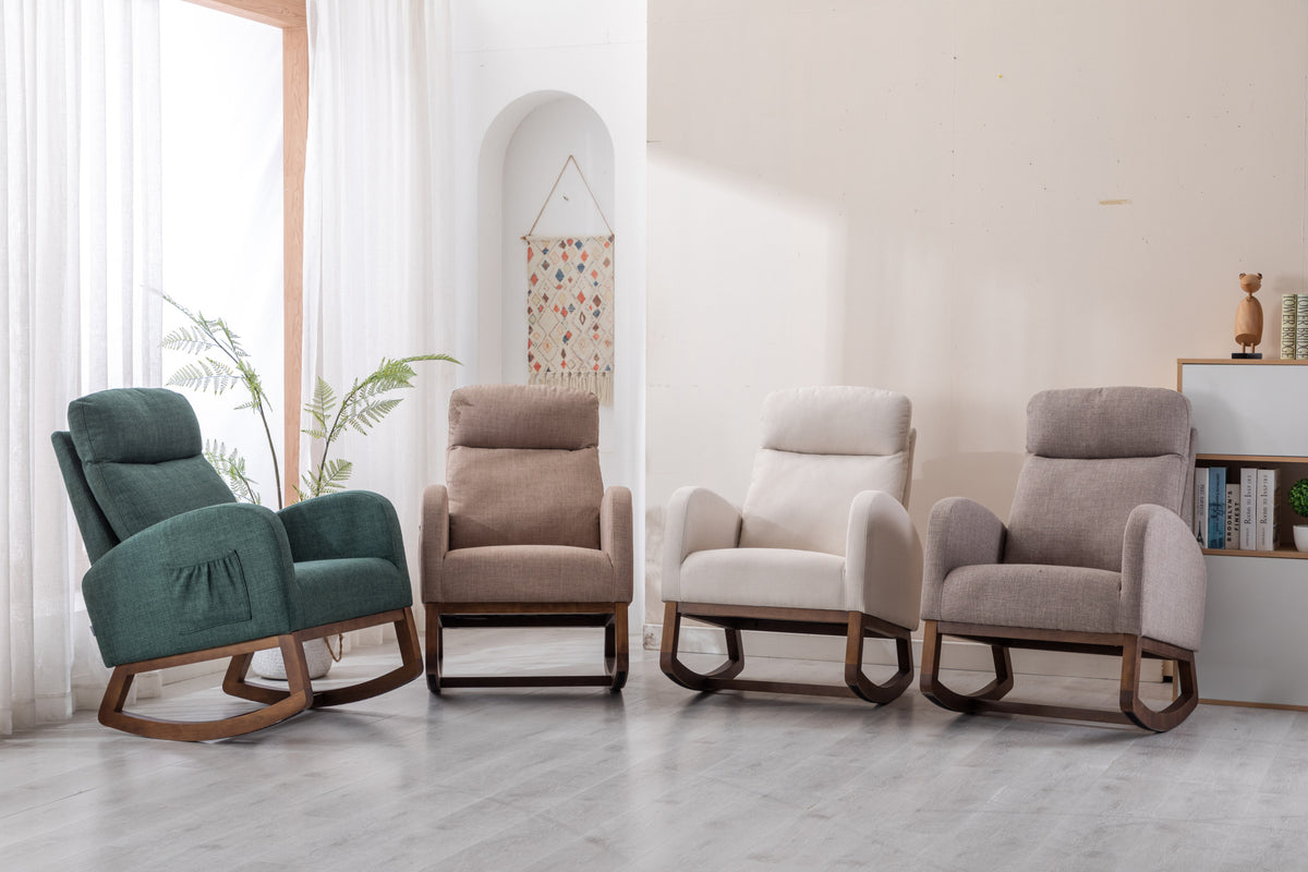 Coolmore Rocking Chair, Modern Glider Chair, Recliner Armchair With Wood Legs And Side Pocket, Nursery Rocking Accent Chair With High Back For Living Room Bedroom Emerald Linen Emerald Foam Solid Wood