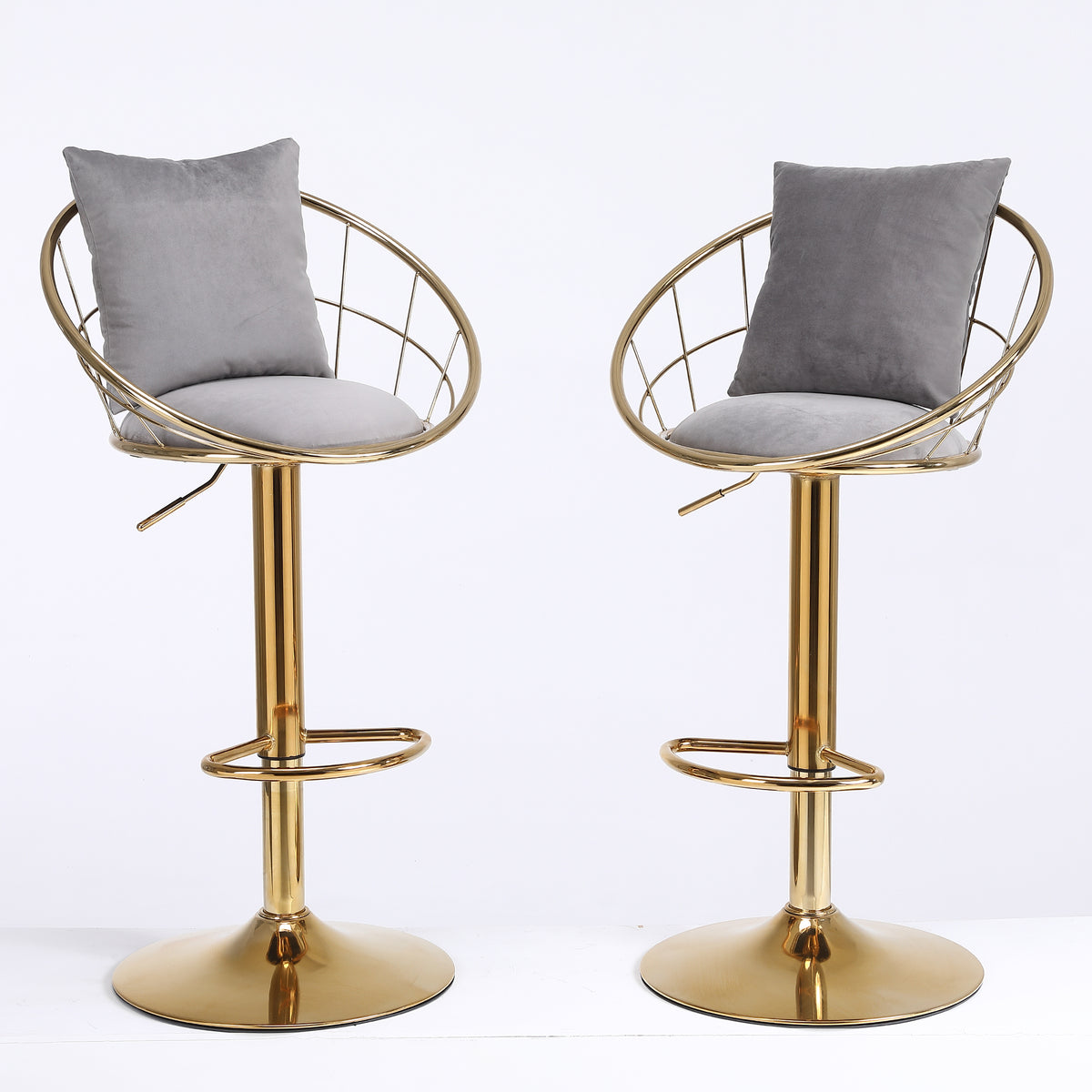 Grey Velvet Bar Chair, Pure Gold Plated, Unique Design,360 Degree Rotation, Adjustable Height,Suitable For Dinning Room And Bar,Set Of 2 Grey Velvet