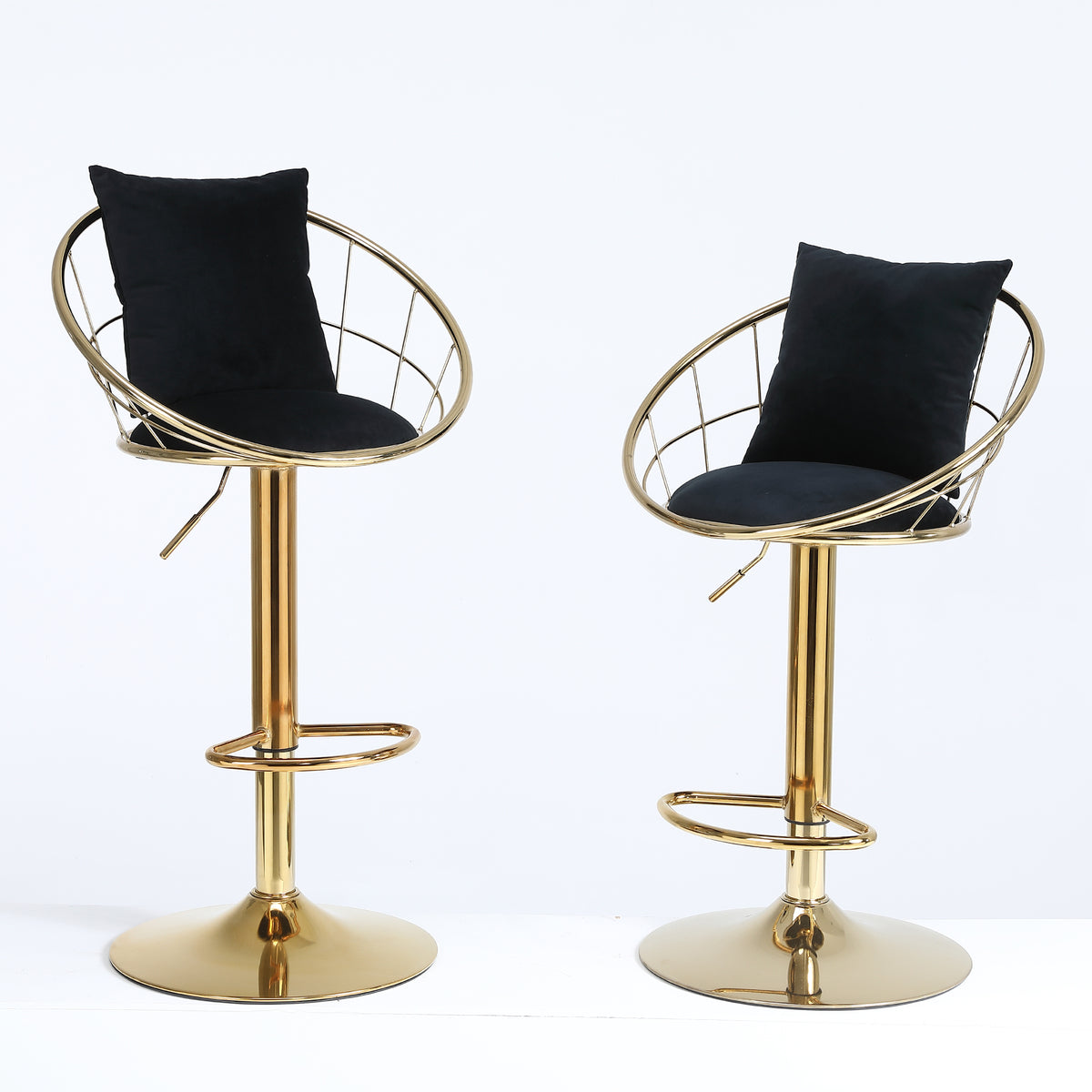 Black Velvet Bar Chair, Pure Gold Plated, Unique Design,360 Degree Rotation, Adjustable Height,Suitable For Dinning Room And Bar,Set Of 2 Black Velvet