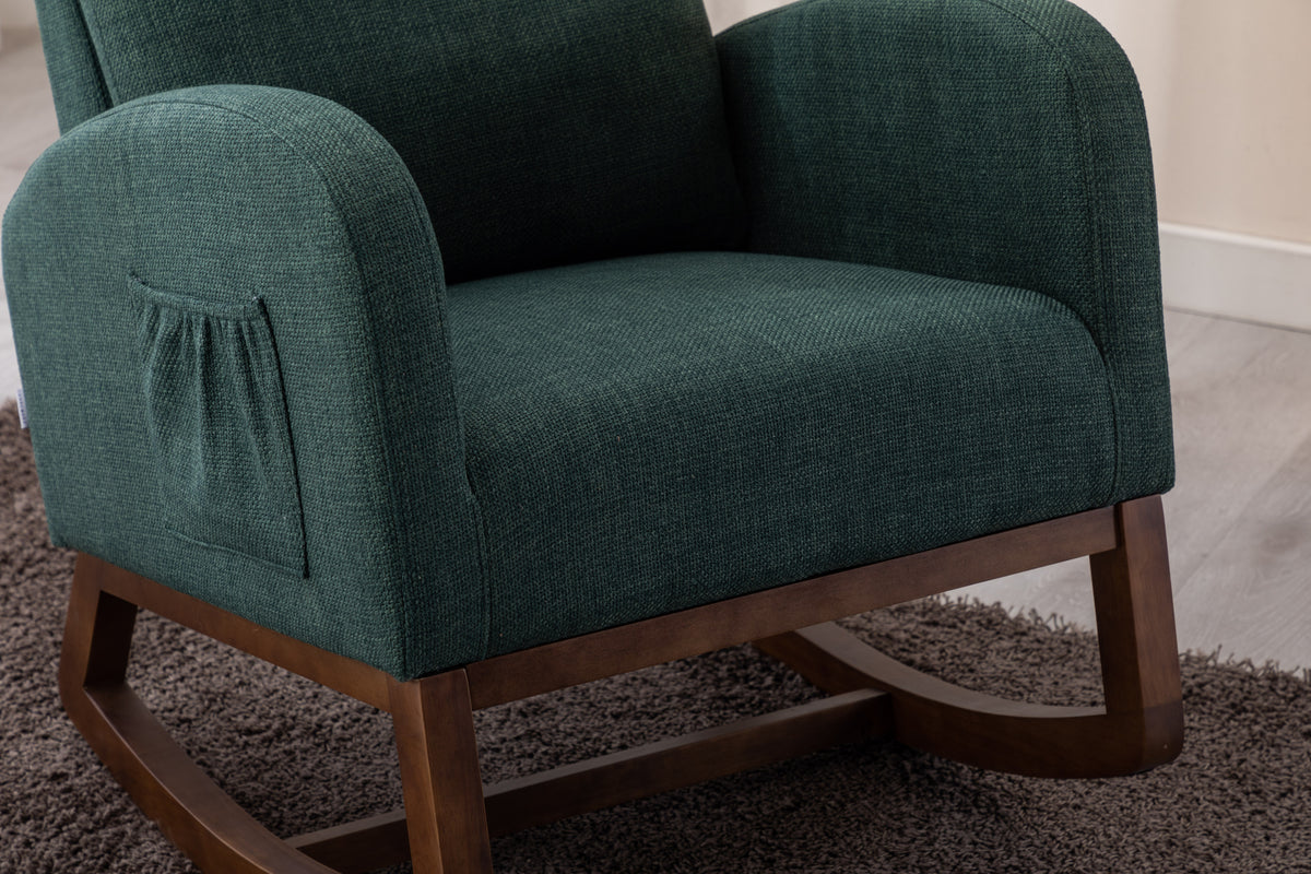 Coolmore Rocking Chair, Modern Glider Chair, Recliner Armchair With Wood Legs And Side Pocket, Nursery Rocking Accent Chair With High Back For Living Room Bedroom Emerald Linen Emerald Foam Solid Wood