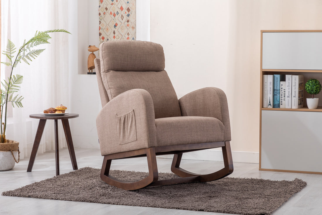 Coolmore Rocking Chair, Modern Glider Chair, Recliner Armchair With Wood Legs And Side Pocket, Nursery Rocking Accent Chair With High Back For Living Room Bedroom Camel Linen Camel Foam Solid Wood