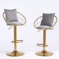 Grey Velvet Bar Chair, Pure Gold Plated, Unique Design,360 Degree Rotation, Adjustable Height,Suitable For Dinning Room And Bar,Set Of 2 Grey Velvet