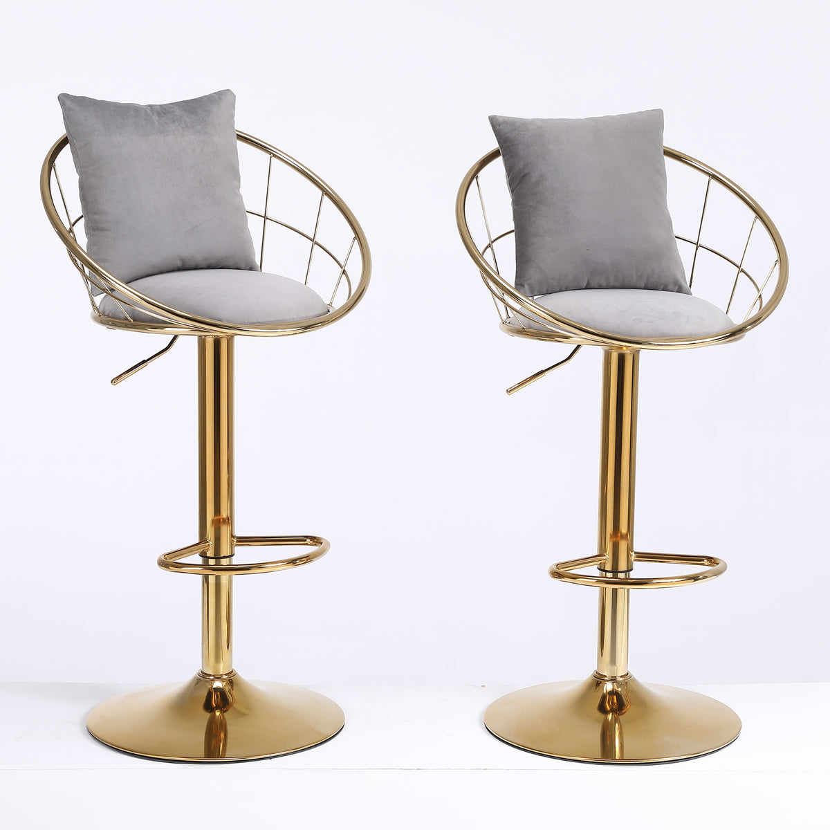 Grey Velvet Bar Chair, Pure Gold Plated, Unique Design,360 Degree Rotation, Adjustable Height,Suitable For Dinning Room And Bar,Set Of 2 Grey Velvet