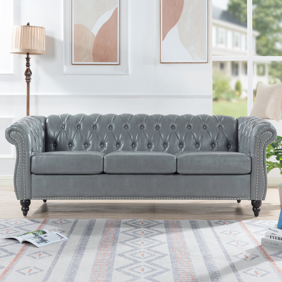 84.65" Rolled Arm Chesterfield 3 Seater Sofa. Grey Foam Pu