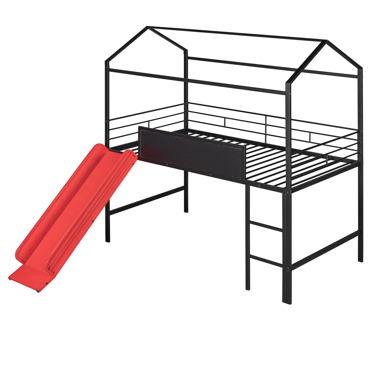 Metal House Bed With Slide, Twin Size Metal Loft Bed With Two Sided Writable Wooden Board Black And Red Black Metal