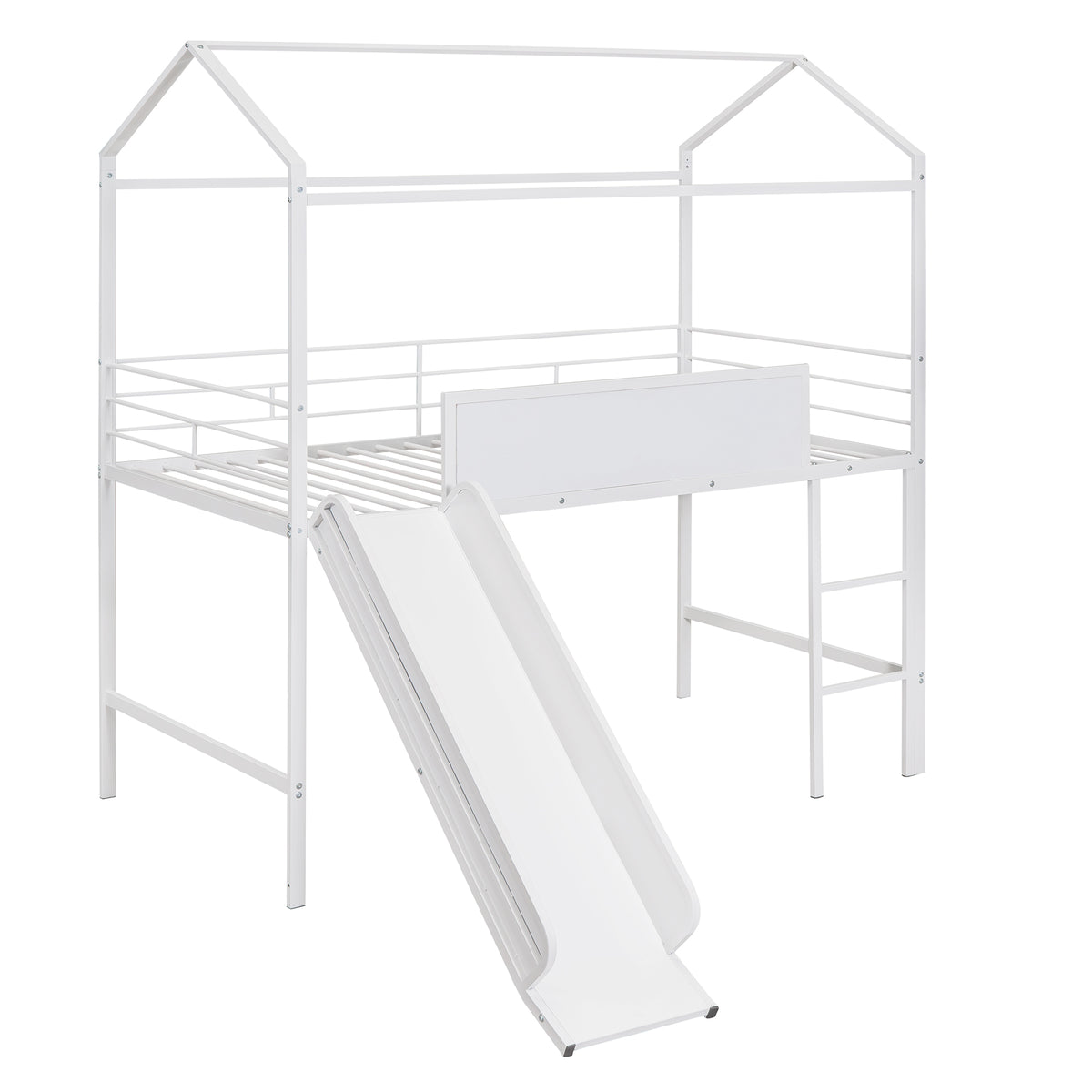 Metal House Bed With Slide, Twin Size Metal Loft Bed With Two Sided Writable Wooden Board White White Metal