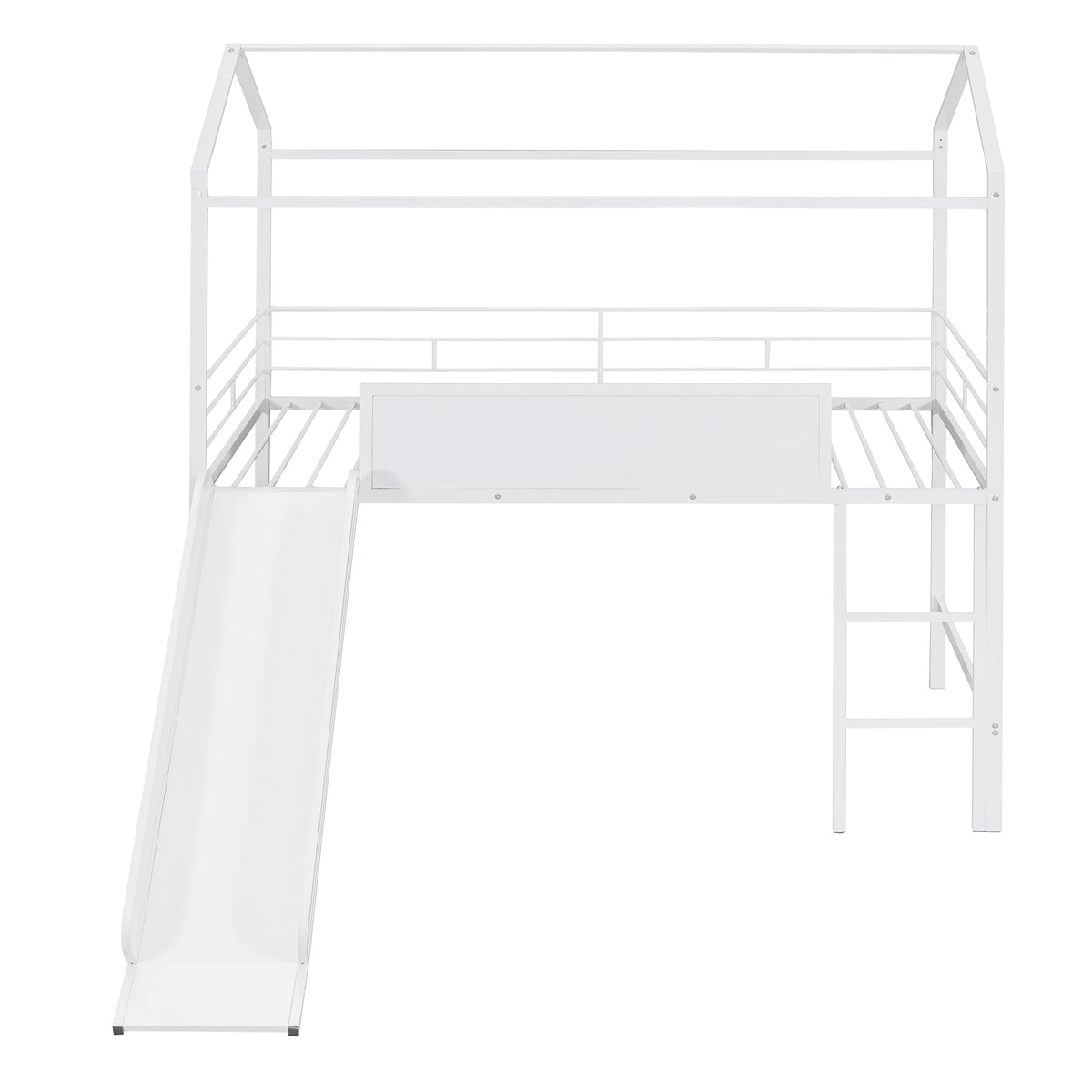 Metal House Bed With Slide, Twin Size Metal Loft Bed With Two Sided Writable Wooden Board White White Metal