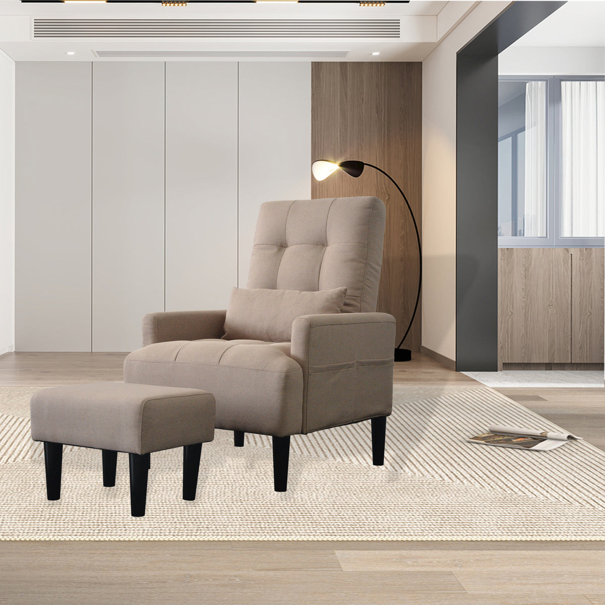 Redde Boo Brown Living Room Sofa Single Chair And Ottoman, Modern Multi Function Fabric Living Room Sofa Lounge Chair Bed And Stool.Soft Leisure Single Chair Adjustable Into 5 Angles With Sofa Bed Gray Modern Foam Fabric