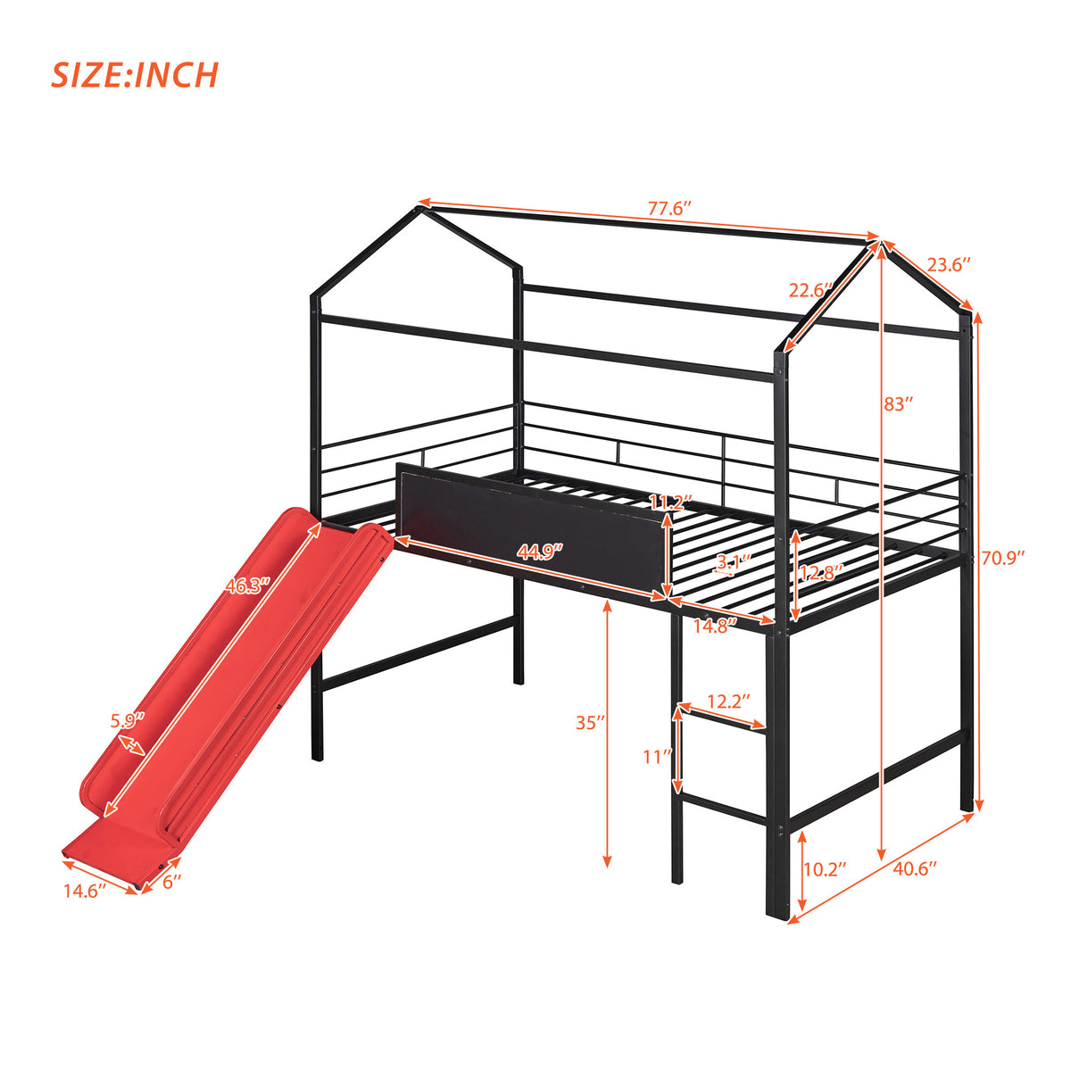 Metal House Bed With Slide, Twin Size Metal Loft Bed With Two Sided Writable Wooden Board Black And Red Black Metal