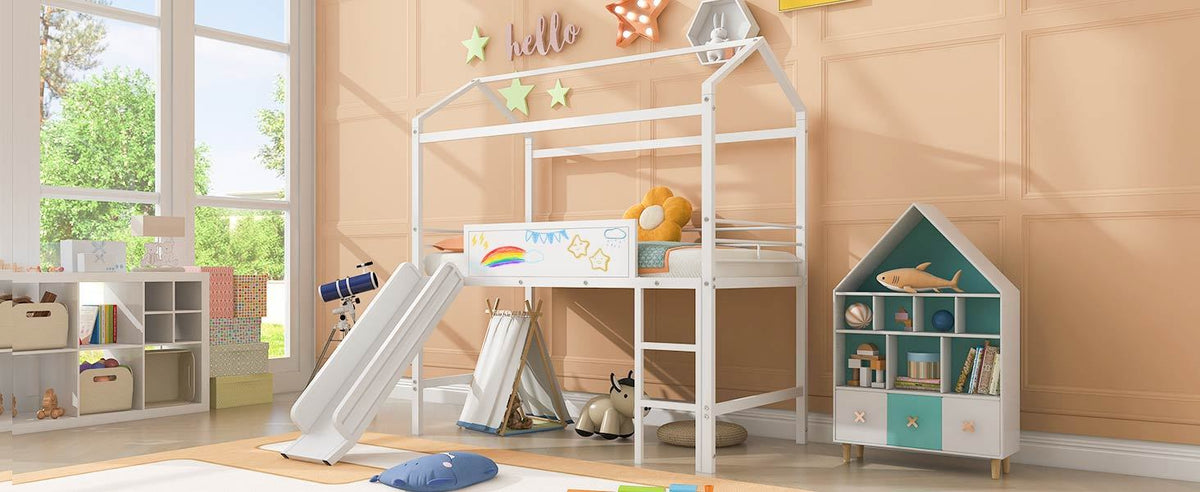 Metal House Bed With Slide, Twin Size Metal Loft Bed With Two Sided Writable Wooden Board White White Metal