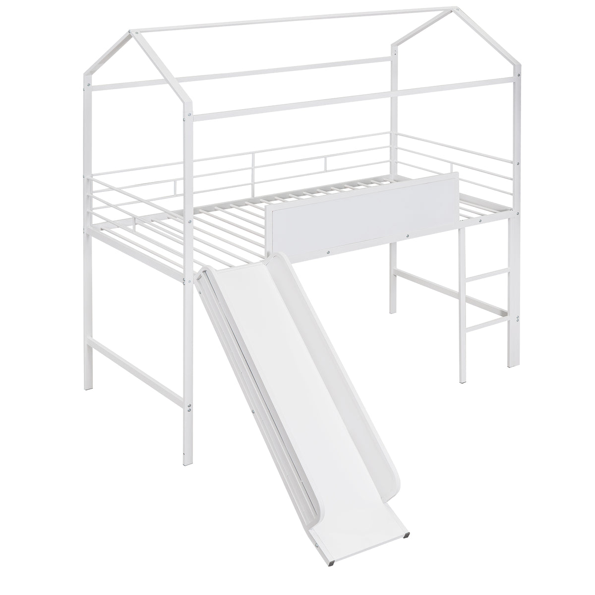 Metal House Bed With Slide, Twin Size Metal Loft Bed With Two Sided Writable Wooden Board White White Metal
