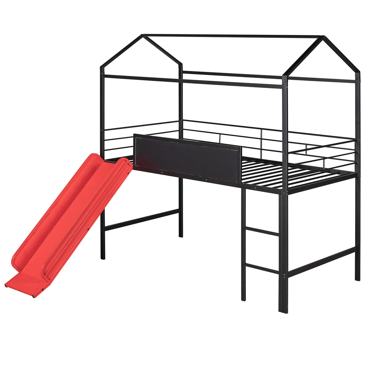 Metal House Bed With Slide, Twin Size Metal Loft Bed With Two Sided Writable Wooden Board Black And Red Black Metal