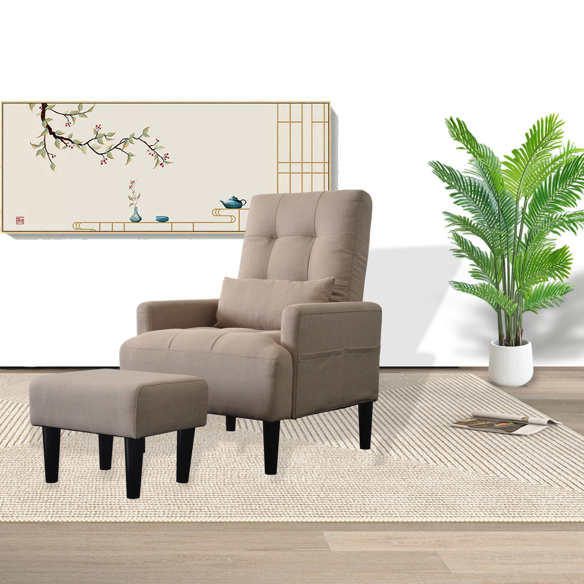 Redde Boo Brown Living Room Sofa Single Chair And Ottoman, Modern Multi Function Fabric Living Room Sofa Lounge Chair Bed And Stool.Soft Leisure Single Chair Adjustable Into 5 Angles With Sofa Bed Gray Modern Foam Fabric