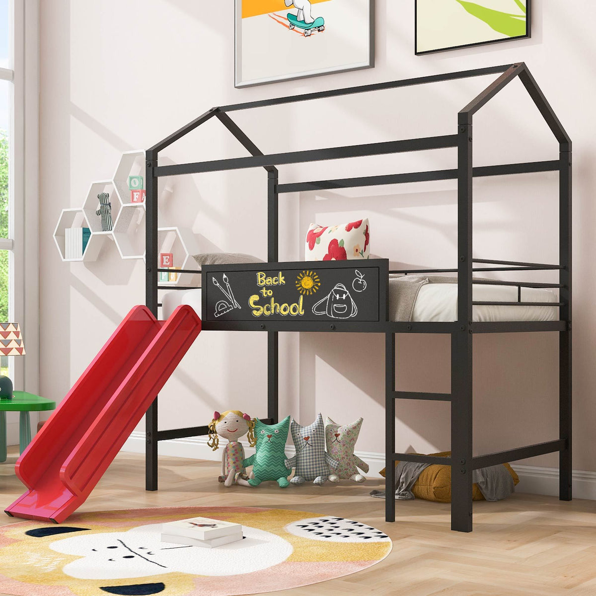 Metal House Bed With Slide, Twin Size Metal Loft Bed With Two Sided Writable Wooden Board Black And Red Black Metal