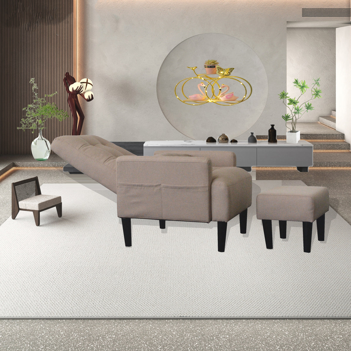 Redde Boo Brown Living Room Sofa Single Chair And Ottoman, Modern Multi Function Fabric Living Room Sofa Lounge Chair Bed And Stool.Soft Leisure Single Chair Adjustable Into 5 Angles With Sofa Bed Gray Modern Foam Fabric