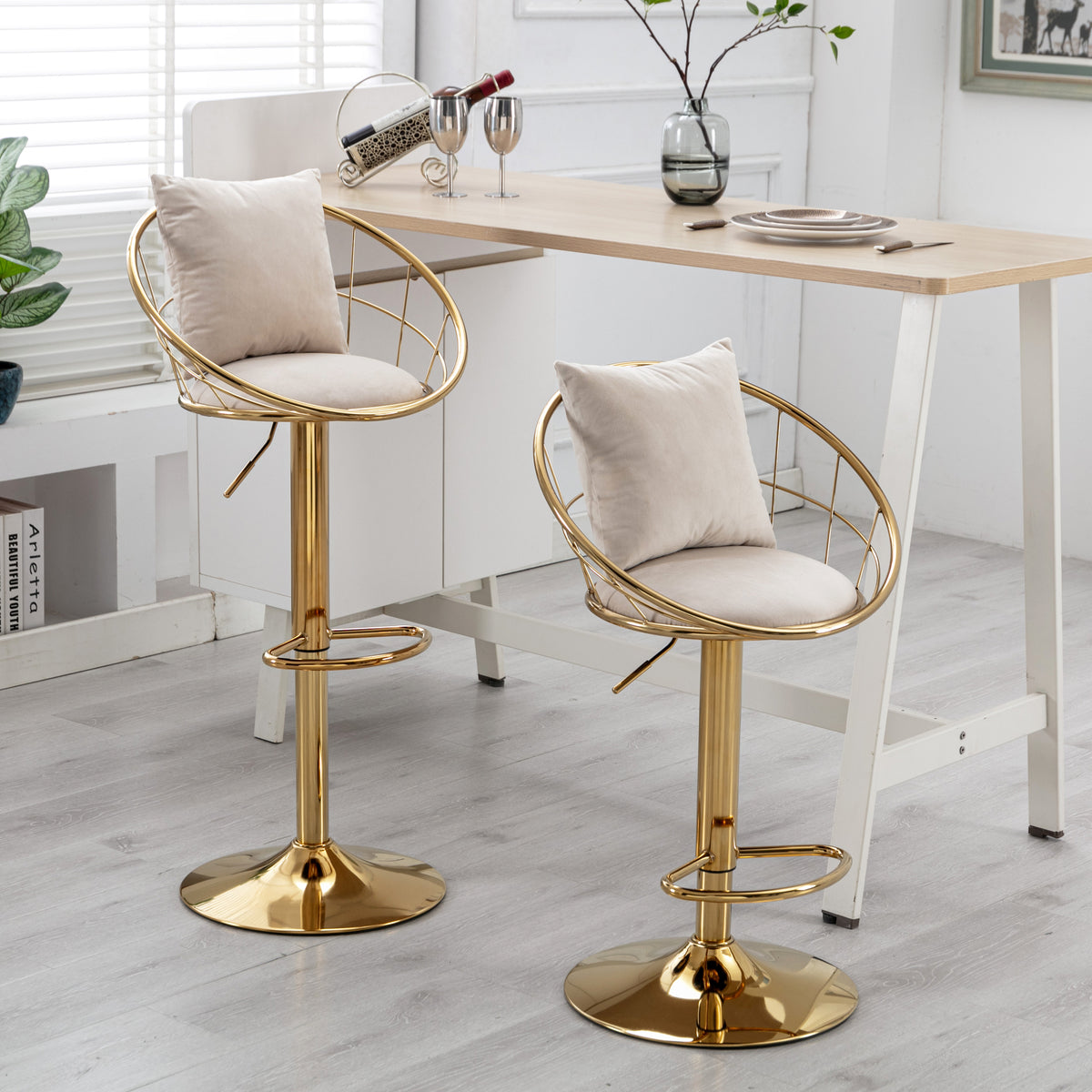 Off White Velvet Bar Chair, Pure Gold Plated, Unique Design,360 Degree Rotation, Adjustable Height,Suitable For Dinning Room And Bar,Set Of 2 Off White Velvet