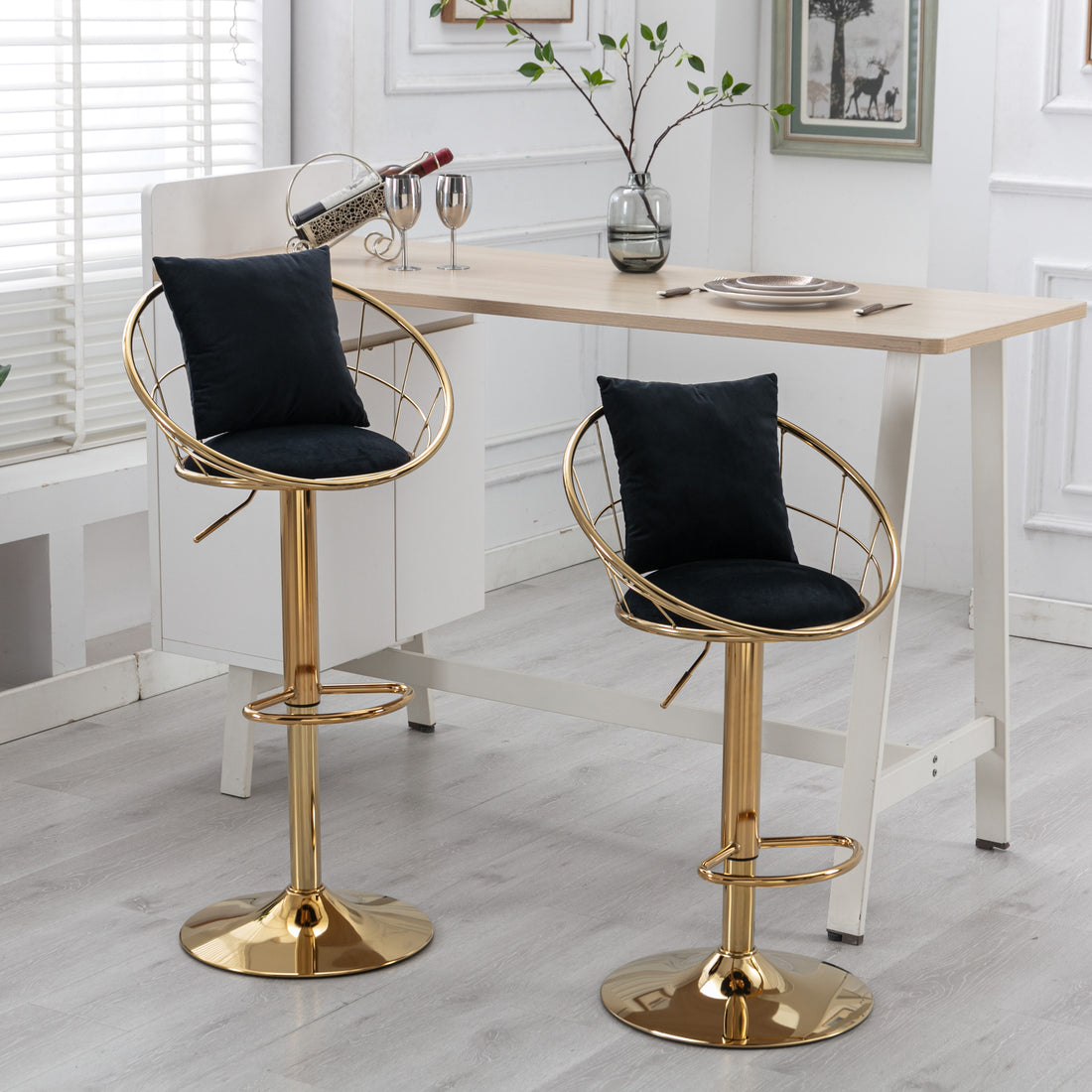 Black Velvet Bar Chair, Pure Gold Plated, Unique Design,360 Degree Rotation, Adjustable Height,Suitable For Dinning Room And Bar,Set Of 2 Black Velvet