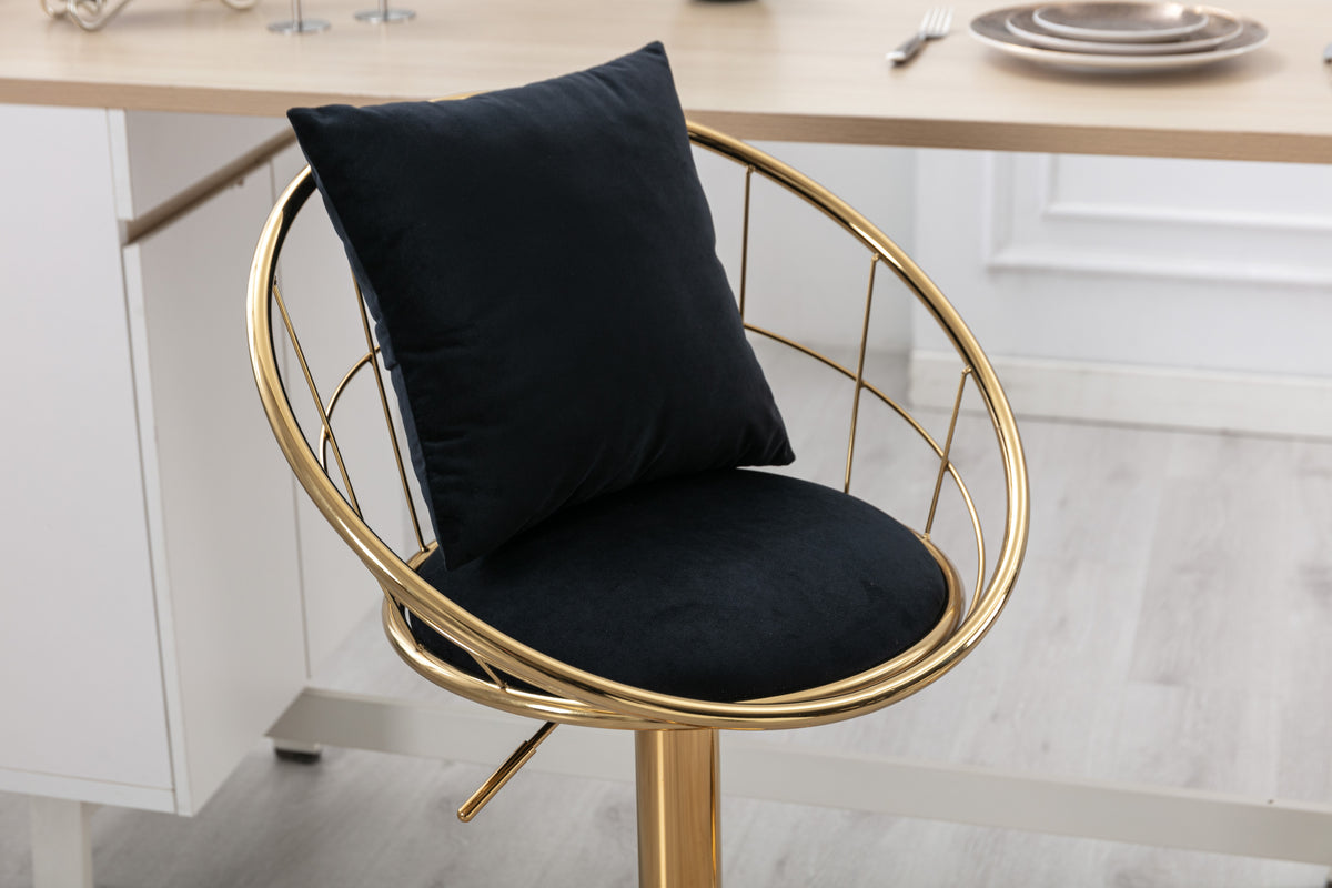 Black Velvet Bar Chair, Pure Gold Plated, Unique Design,360 Degree Rotation, Adjustable Height,Suitable For Dinning Room And Bar,Set Of 2 Black Velvet