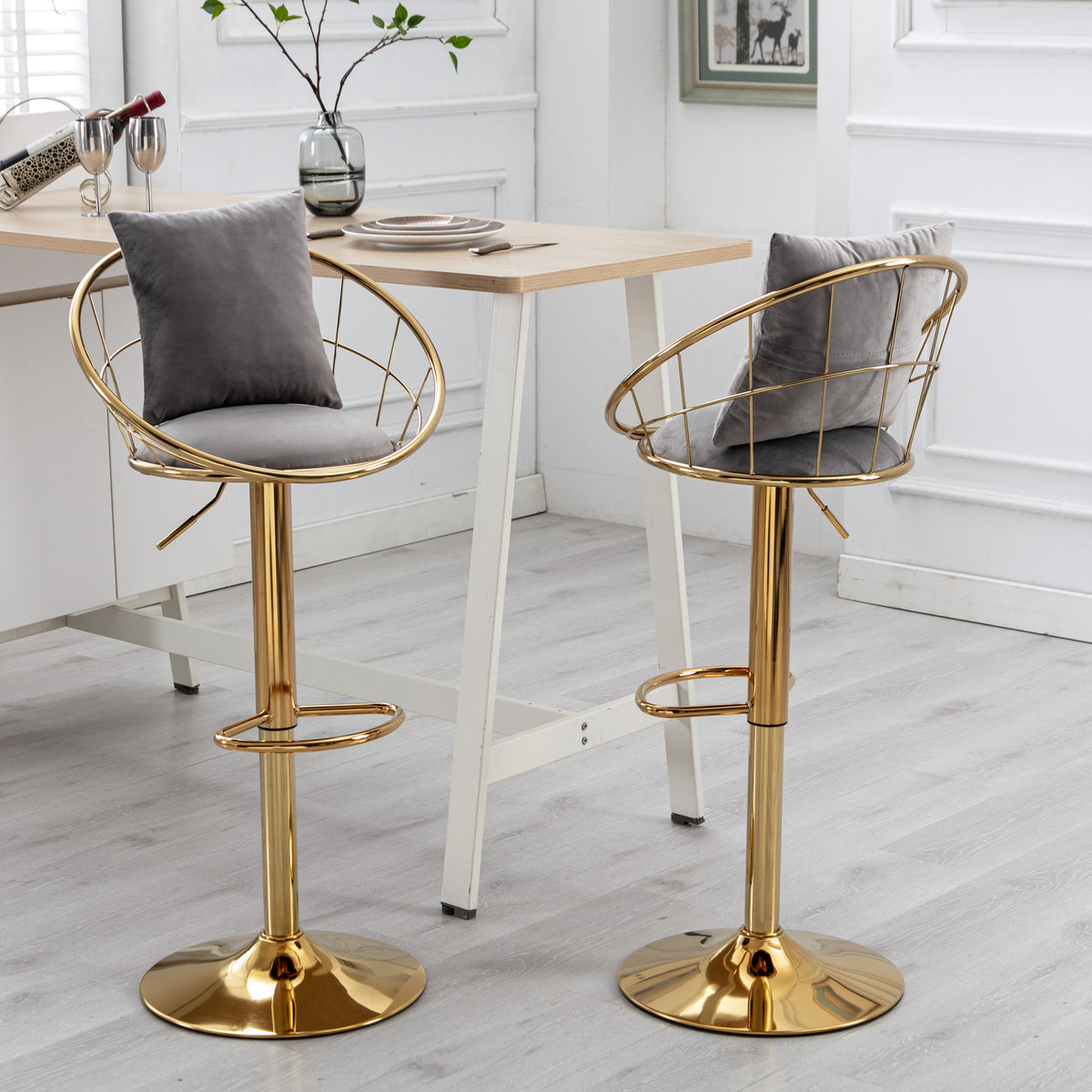 Grey Velvet Bar Chair, Pure Gold Plated, Unique Design,360 Degree Rotation, Adjustable Height,Suitable For Dinning Room And Bar,Set Of 2 Grey Velvet