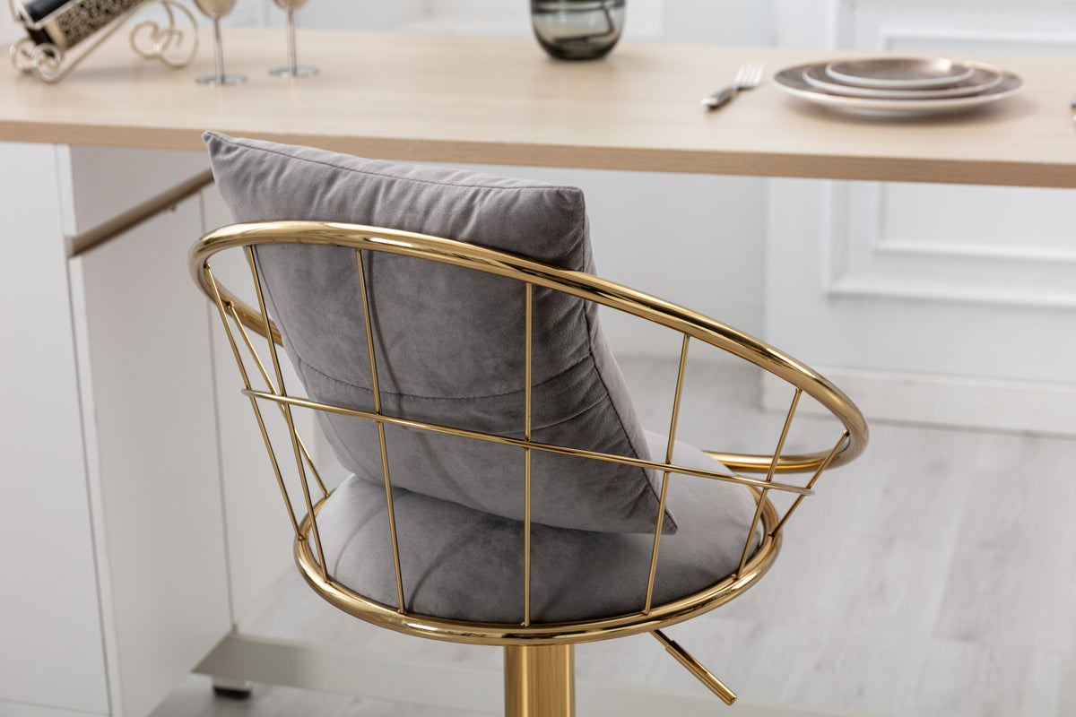 Grey Velvet Bar Chair, Pure Gold Plated, Unique Design,360 Degree Rotation, Adjustable Height,Suitable For Dinning Room And Bar,Set Of 2 Grey Velvet
