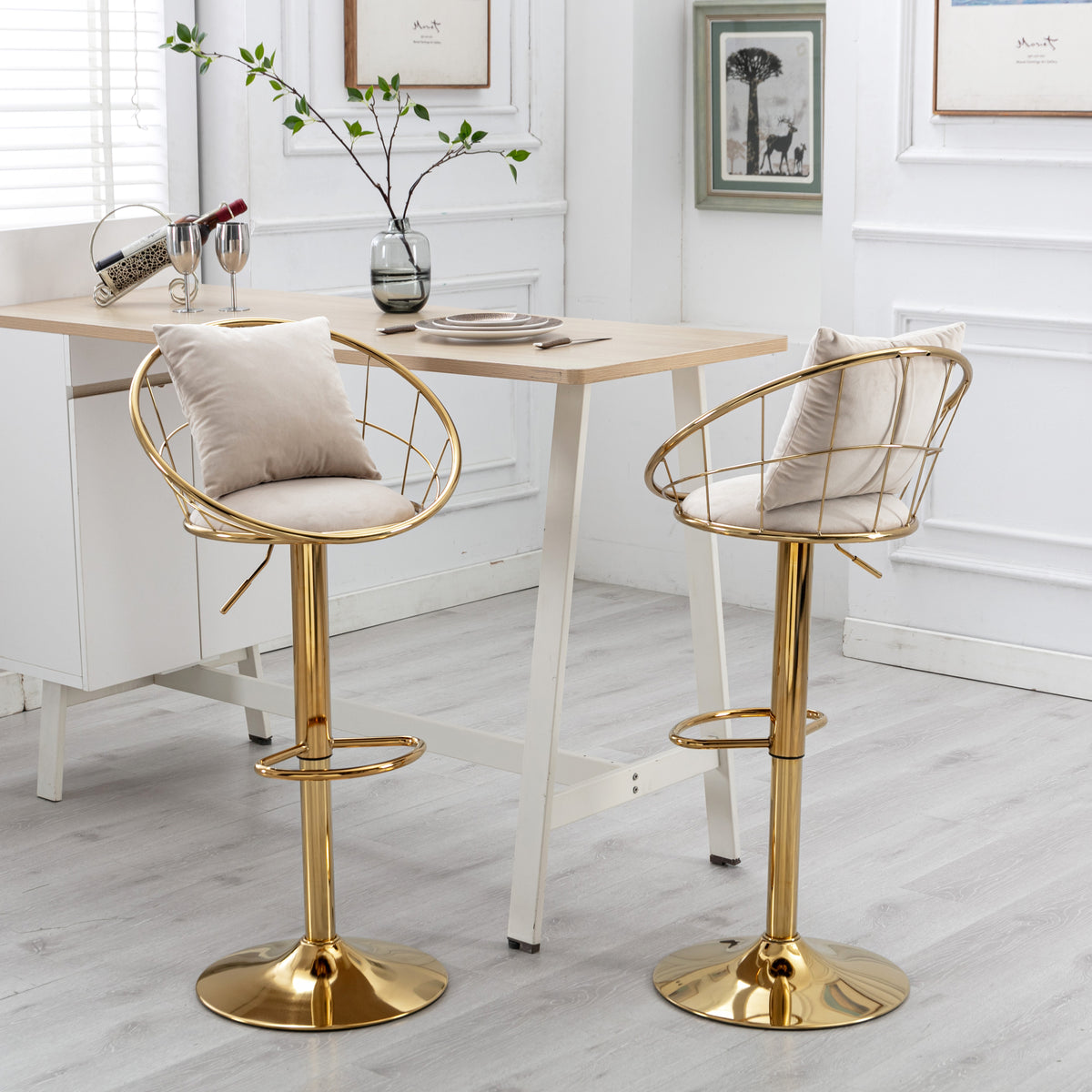Off White Velvet Bar Chair, Pure Gold Plated, Unique Design,360 Degree Rotation, Adjustable Height,Suitable For Dinning Room And Bar,Set Of 2 Off White Velvet