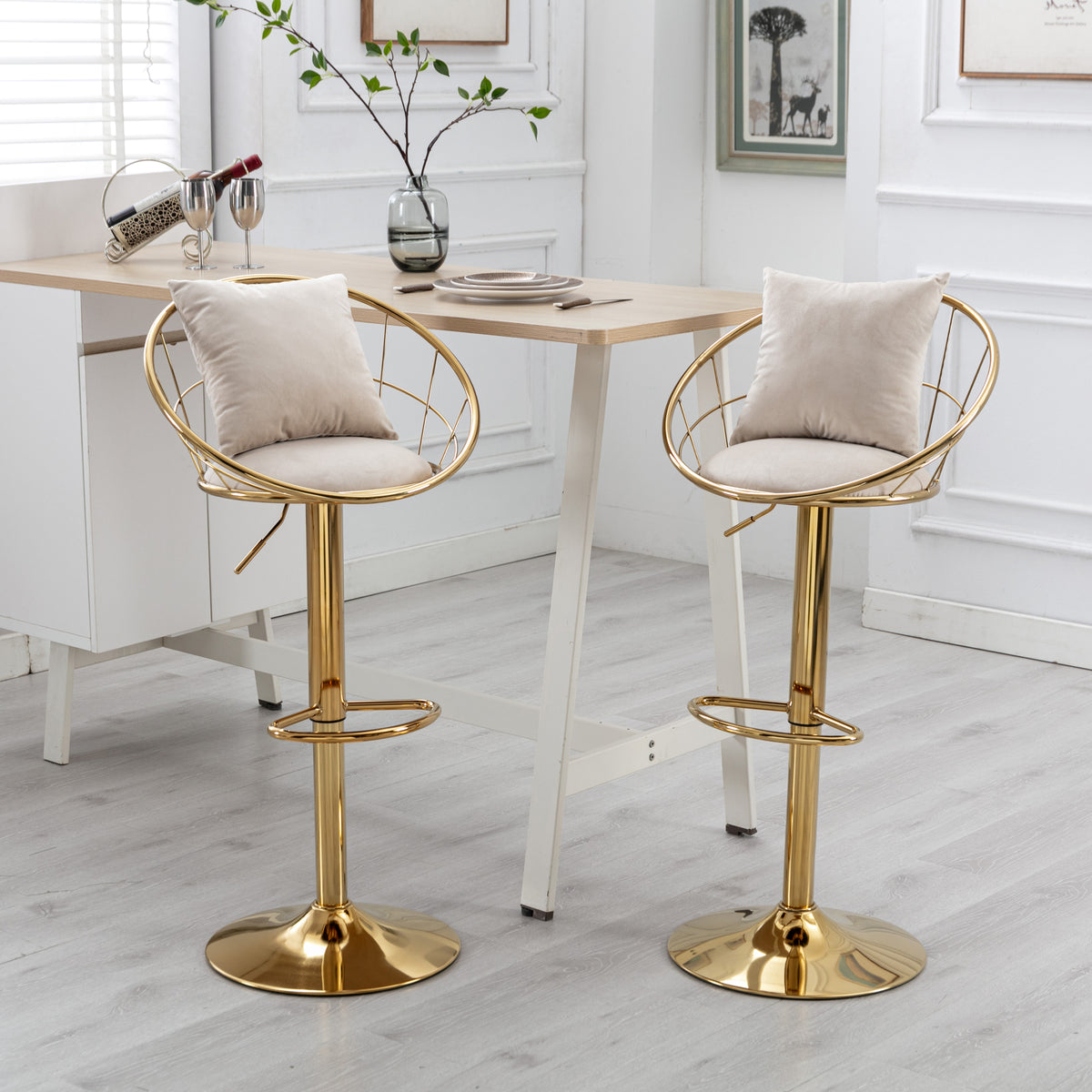 Off White Velvet Bar Chair, Pure Gold Plated, Unique Design,360 Degree Rotation, Adjustable Height,Suitable For Dinning Room And Bar,Set Of 2 Off White Velvet