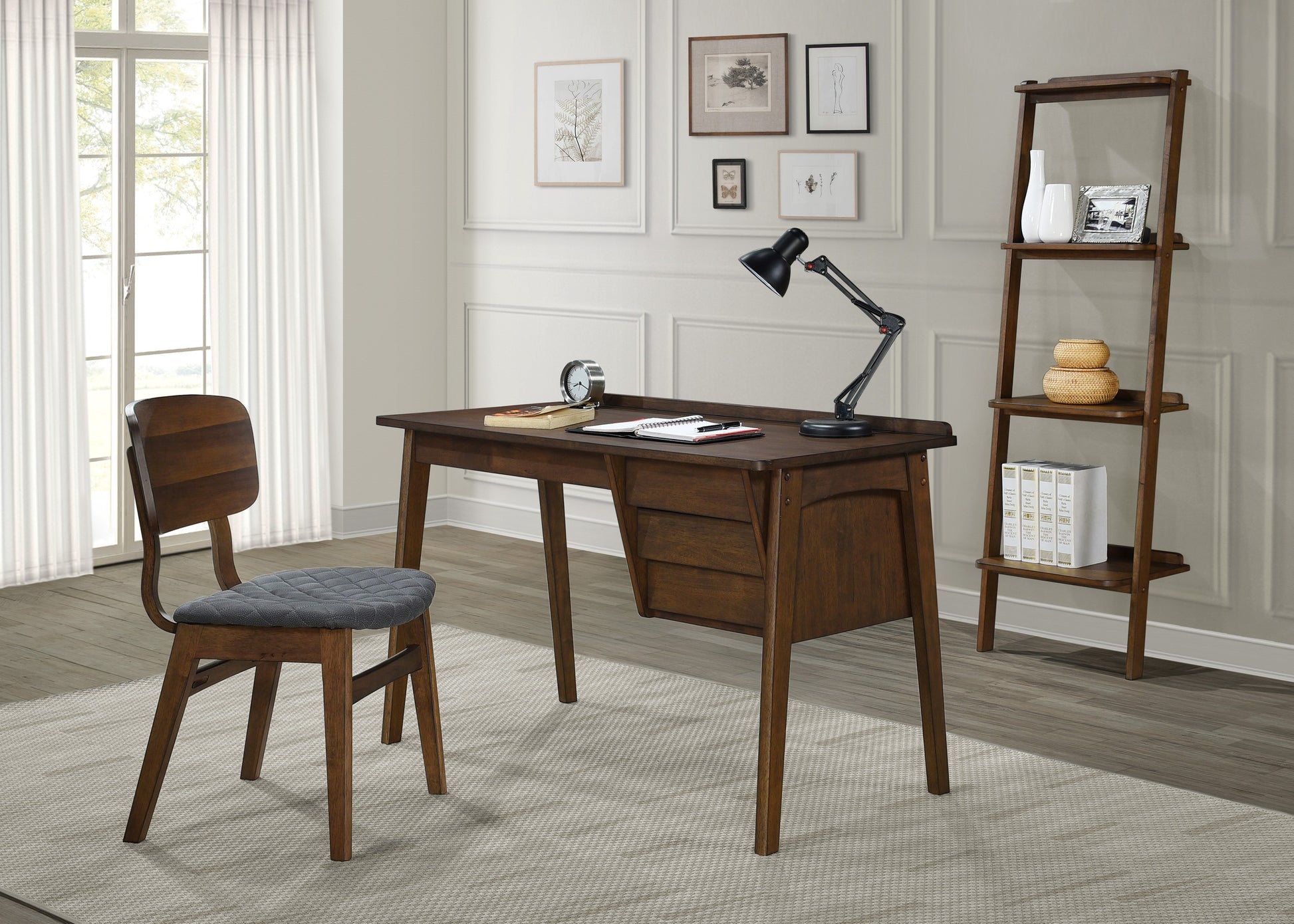 Modern Contemporary Solid Rubberwood 1Pc Writing Desk Of 3X Drawers And Wood Framed Chair Gray Walnut Finish Furniture Walnut Office Contemporary,Modern Solid Wood