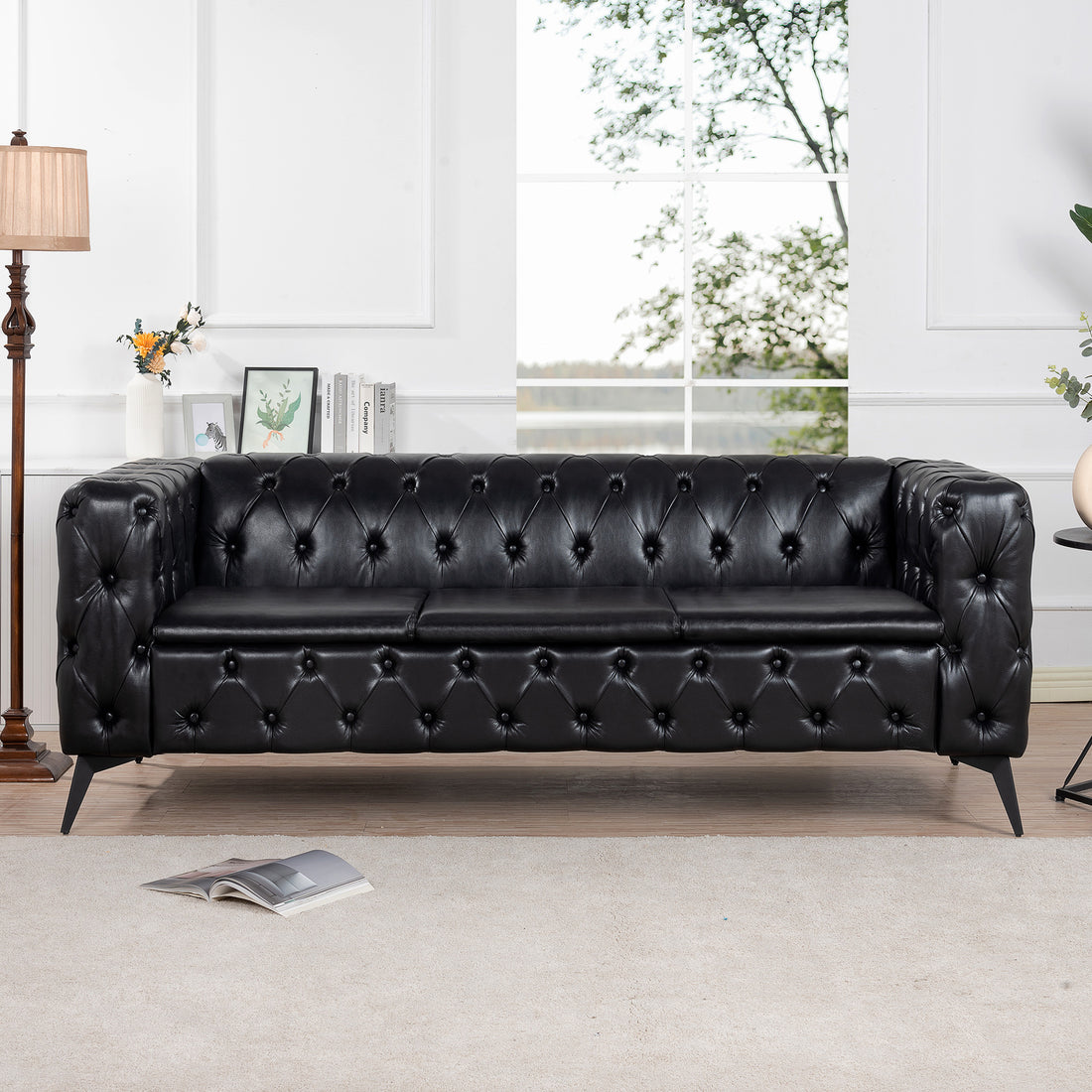 84.06 Inch Width Traditional Square Arm Removable Cushion 3 Seater Sofa Black Foam Pu