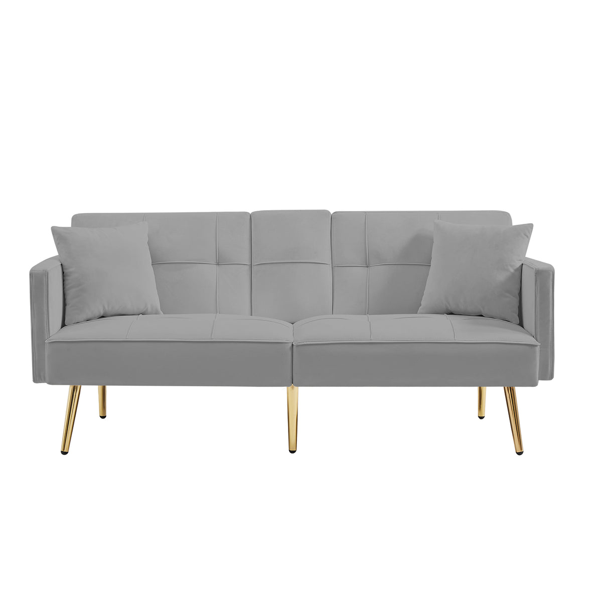 Grey Velvet Futon Sofa Bed With Gold Metal Legs Grey Velvet Wood Tufted Back Eucalyptus Square Arms Foam Velvet 2 Seat