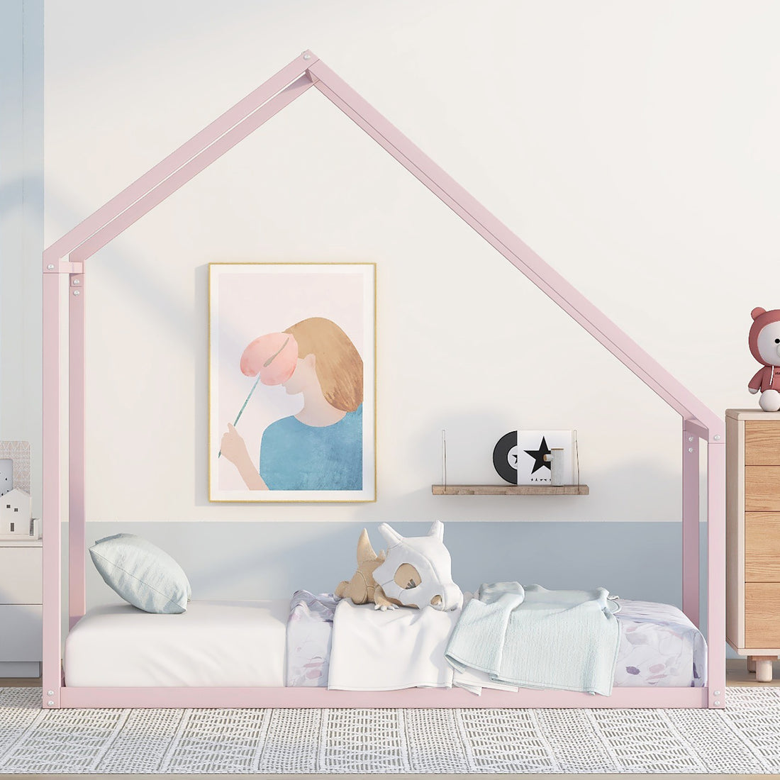 Twin Size Metal House Bed Kids Bed, Pink Pink Metal