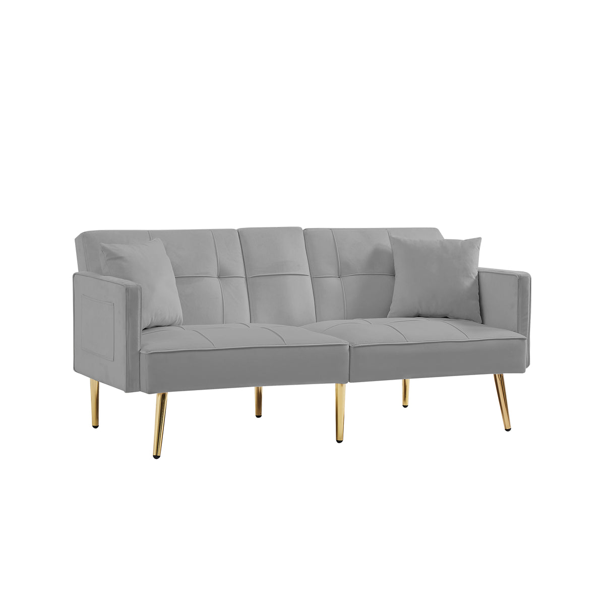 Grey Velvet Futon Sofa Bed With Gold Metal Legs Grey Velvet Wood Tufted Back Eucalyptus Square Arms Foam Velvet 2 Seat