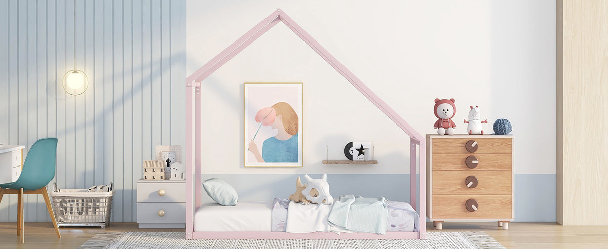 Twin Size Metal House Bed Kids Bed, Pink Pink Metal