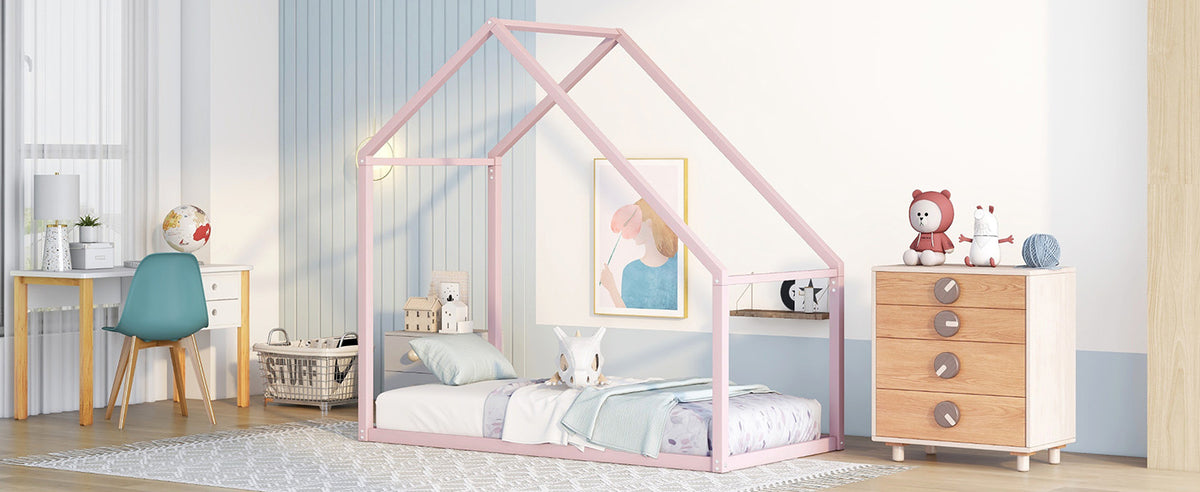 Twin Size Metal House Bed Kids Bed, Pink Pink Metal