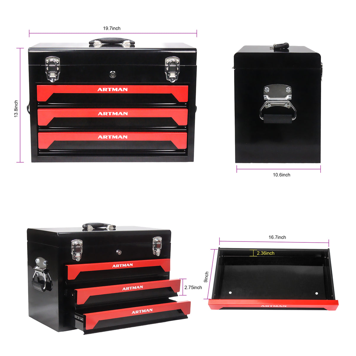 3 Drawers Tool Box With Tool Set Black Steel