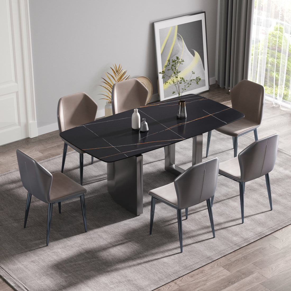 70.87"Modern Artificial Stone Black Curved Black Metal Leg Dining Table Can Accommodate 6 8 People Black Metal Sintered Stone