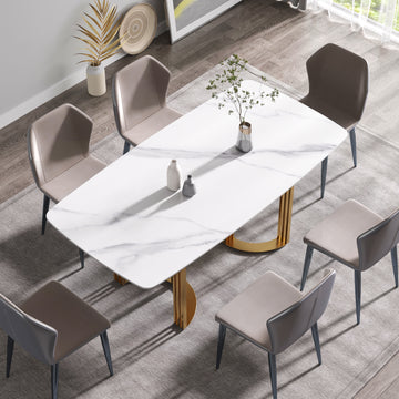 70.87"Modern Artificial Stone White Curved Golden Metal Leg Dining Table Can Accommodate 6 8 People White Metal Sintered Stone