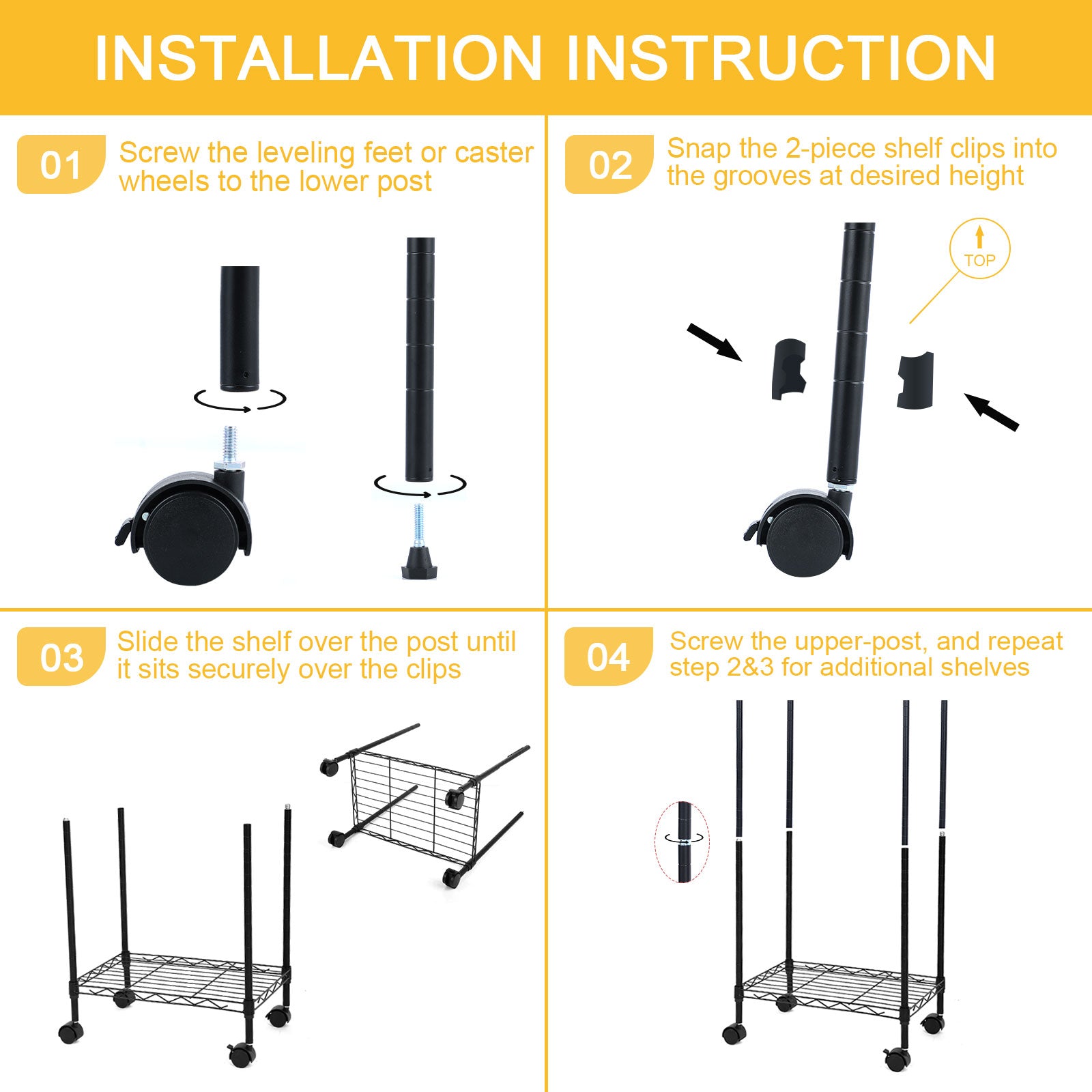 Yssoa Heavy Duty 6 Shelf Shelving With Wheels, With Hanging Hooks, Wire Shelving, Adjustable Storage Units, 17'' D X 11'' W X 63'' H, 6 Tier, Black Black Aluminum