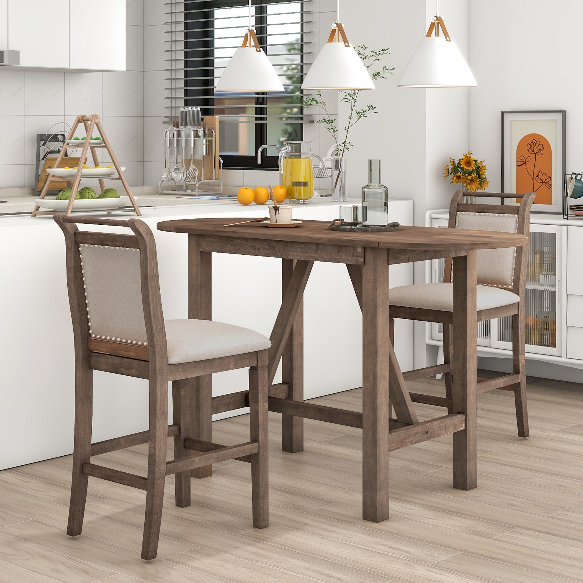 3 Piece Wood Counter Height Drop Leaf Dining Table Set With 2 Upholstered Dining Chairs For Small Place, Brown Brown Wood Dining Room Folding Rubberwood Oval Dining Table With Chair Upholstered