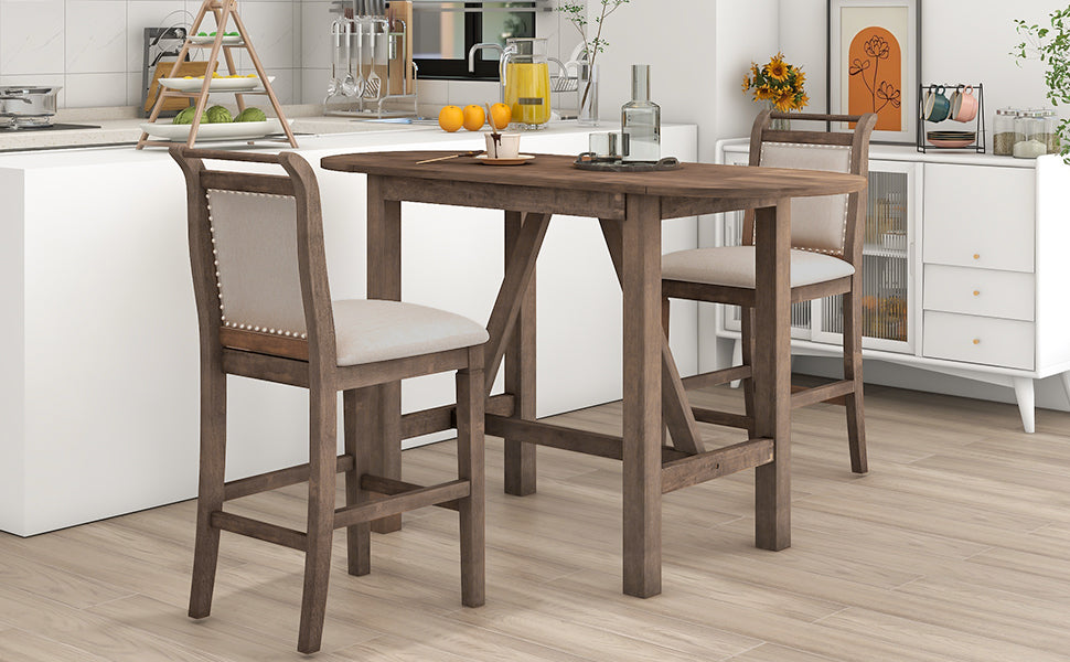 3 Piece Wood Counter Height Drop Leaf Dining Table Set With 2 Upholstered Dining Chairs For Small Place, Brown Brown Wood Dining Room Folding Rubberwood Oval Dining Table With Chair Upholstered
