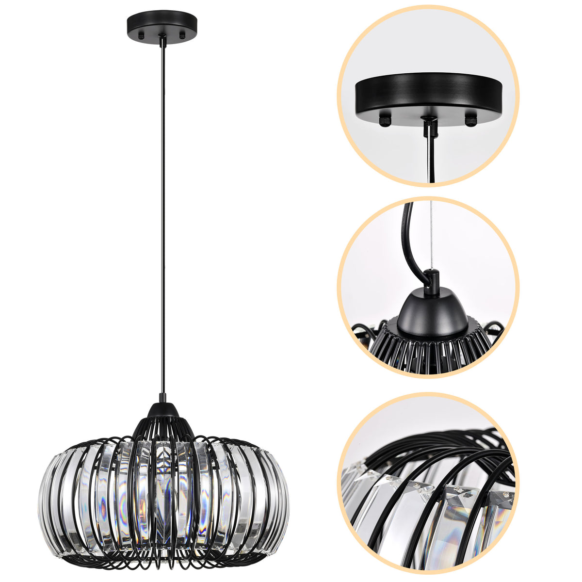 Modern Oblate Black Crystal Chandelier Fixture, Ceiling Pendant Light For Living Room, Bedroom, Kitchen, Dining Room, Hallway, Adjustable Color Temperature, Dimmable, 120V, E26, W16.5*L31.5 Matt