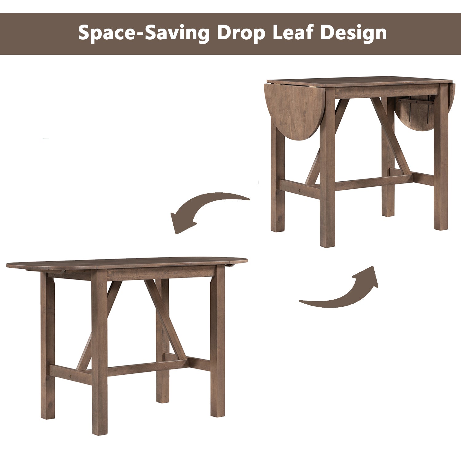 3 Piece Wood Counter Height Drop Leaf Dining Table Set With 2 Upholstered Dining Chairs For Small Place, Brown Brown Wood Dining Room Folding Rubberwood Oval Dining Table With Chair Upholstered