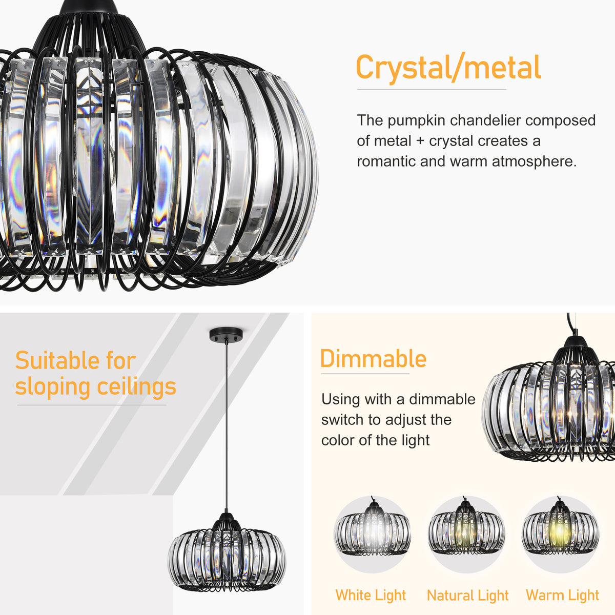Modern Oblate Black Crystal Chandelier Fixture, Ceiling Pendant Light For Living Room, Bedroom, Kitchen, Dining Room, Hallway, Adjustable Color Temperature, Dimmable, 120V, E26, W16.5*L31.5 Matt