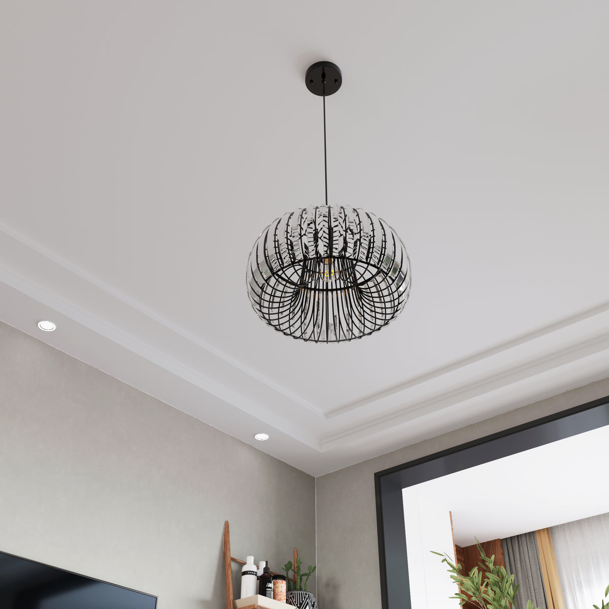 Modern Oblate Black Crystal Chandelier Fixture, Ceiling Pendant Light For Living Room, Bedroom, Kitchen, Dining Room, Hallway, Adjustable Color Temperature, Dimmable, 120V, E26, W16.5*L31.5 Matt