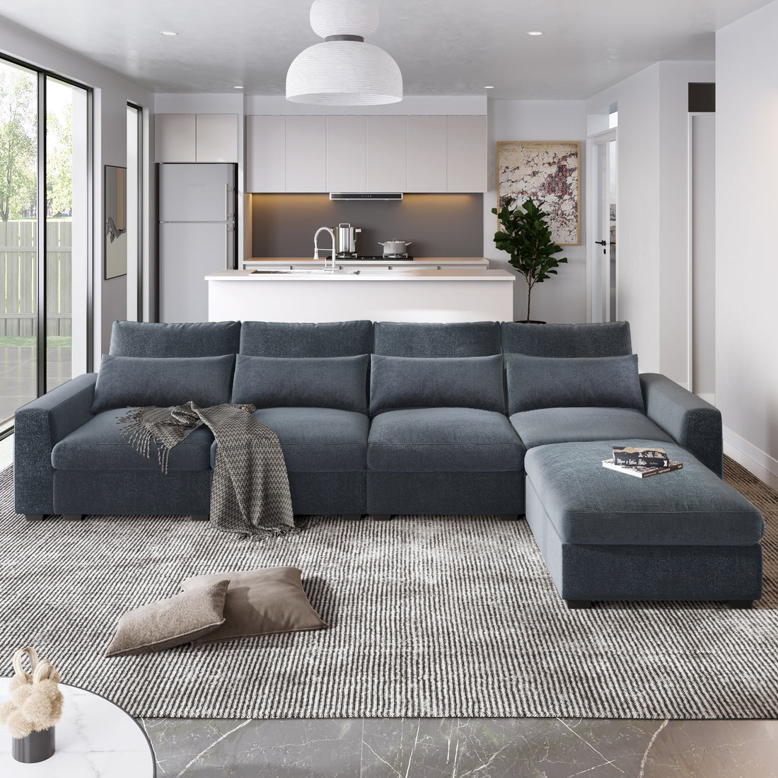 Modern Large L Shape Feather Filled Sectional Sofa, Convertible Sofa Couch With Reversible Chaise For Living Room Dark Gray Chenille 5 Seat
