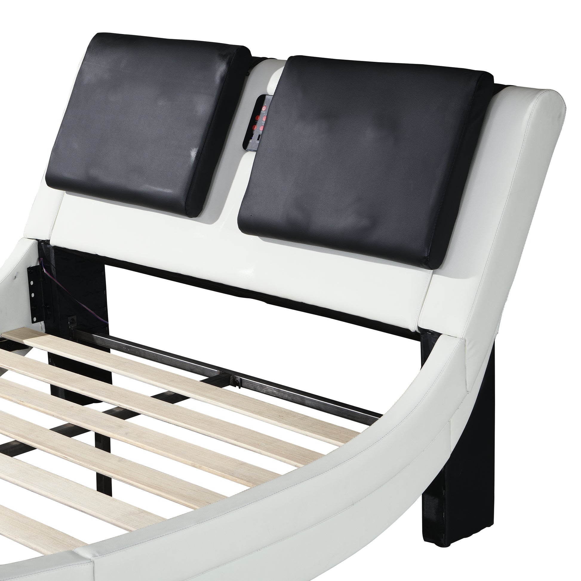 Faux Leather Upholstered Platform Bed Frame With Led Lighting ,Bluetooth Connection To Play Music Control,Backrest Vibration Massage,Curve Design, Wood Slat Support, No Box Spring Needed,Queen White Mdf