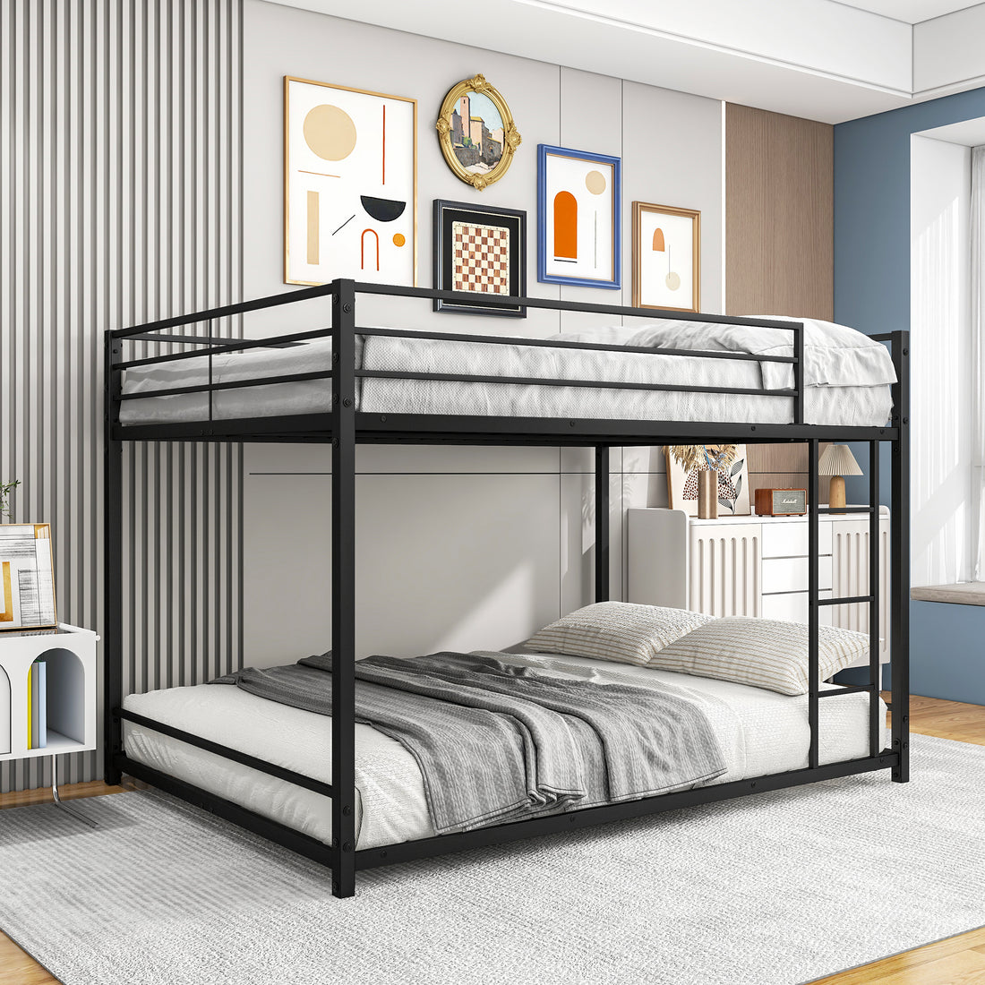 Metal Bunk Bed Full Over Full, Bunk Bed Frame With Safety Guard Rails, Heavy Duty Space Saving Design, Easy Assembly Black Black Metal