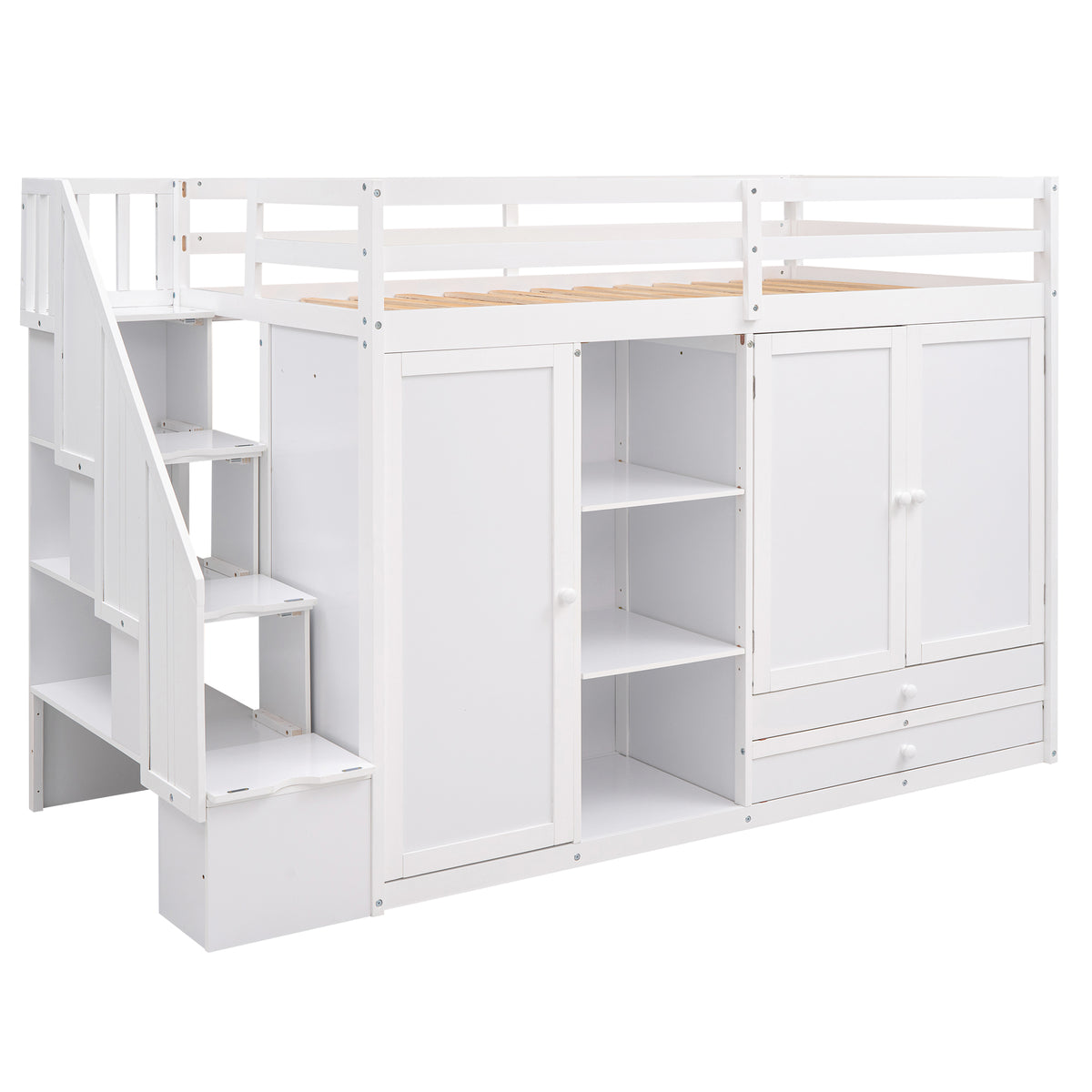Functional Loft Bed With 3 Shelves, 2 Wardrobes And 2 Drawers, Ladder With Storage, No Box Spring Needed, White White Pine