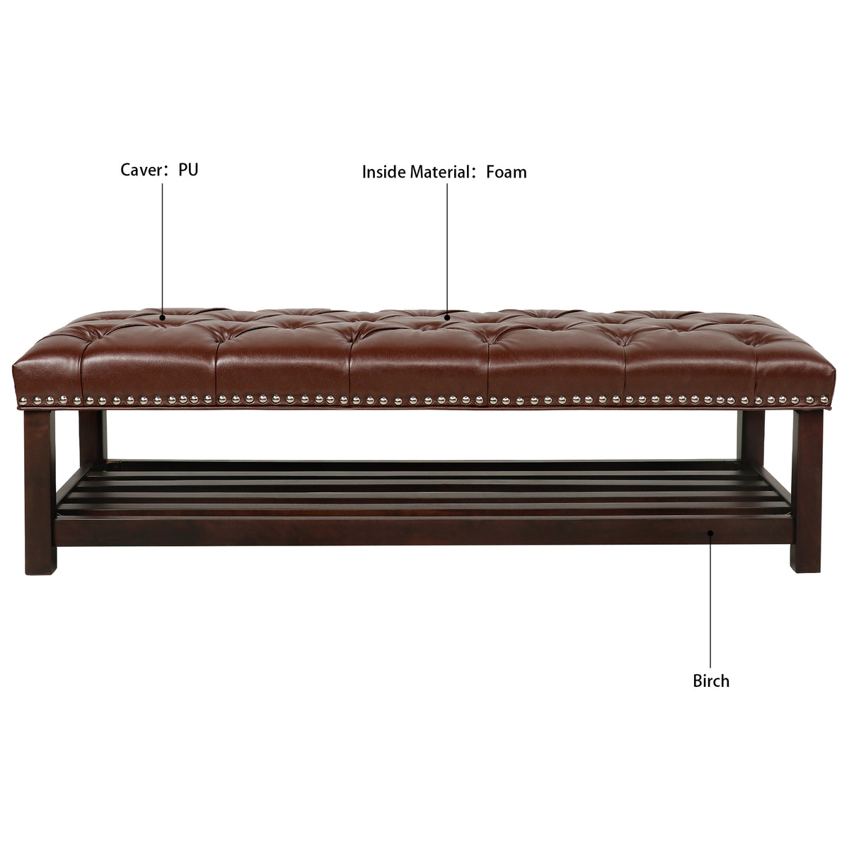 Bedroom End Of Bed Bench Tufted Upholstered End Of Bed Bench End Of Bed Entrance Shoe Bench, 60" With Trim And Shelf Bedroom Upholstered Leather Bench Living Room Shoe Rack Footstool Brown Dark Brown Pu
