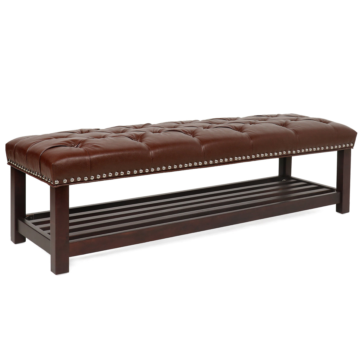 Bedroom End Of Bed Bench Tufted Upholstered End Of Bed Bench End Of Bed Entrance Shoe Bench, 60" With Trim And Shelf Bedroom Upholstered Leather Bench Living Room Shoe Rack Footstool Brown Dark Brown Pu